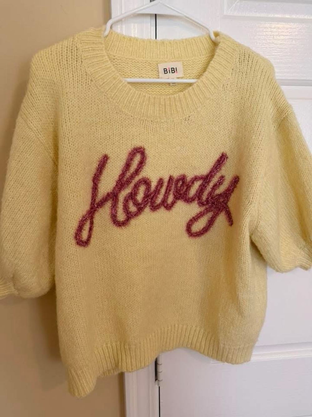 BiBi Cream Fuzzy Knit Sweater with Pink 'Howdy' Script